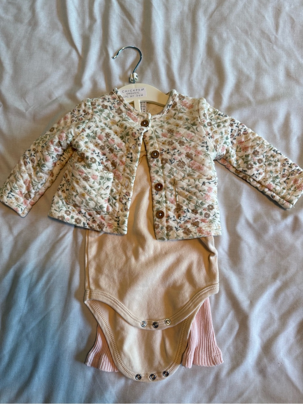 Baby girl Chick Pea Organic Jacket with Cream onesie and Pants